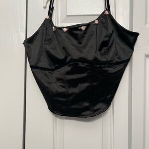 Wild Fable Black Satin Top with Pink Floral Accents